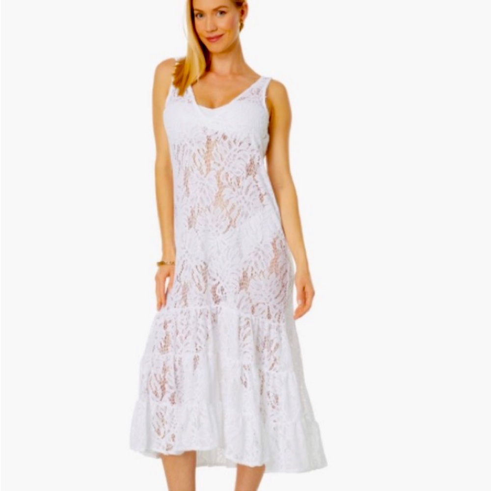 Lilly Pulitzer Finnley Lace White Swimsuit Cover-Up, Midi Length, V-Back, Large